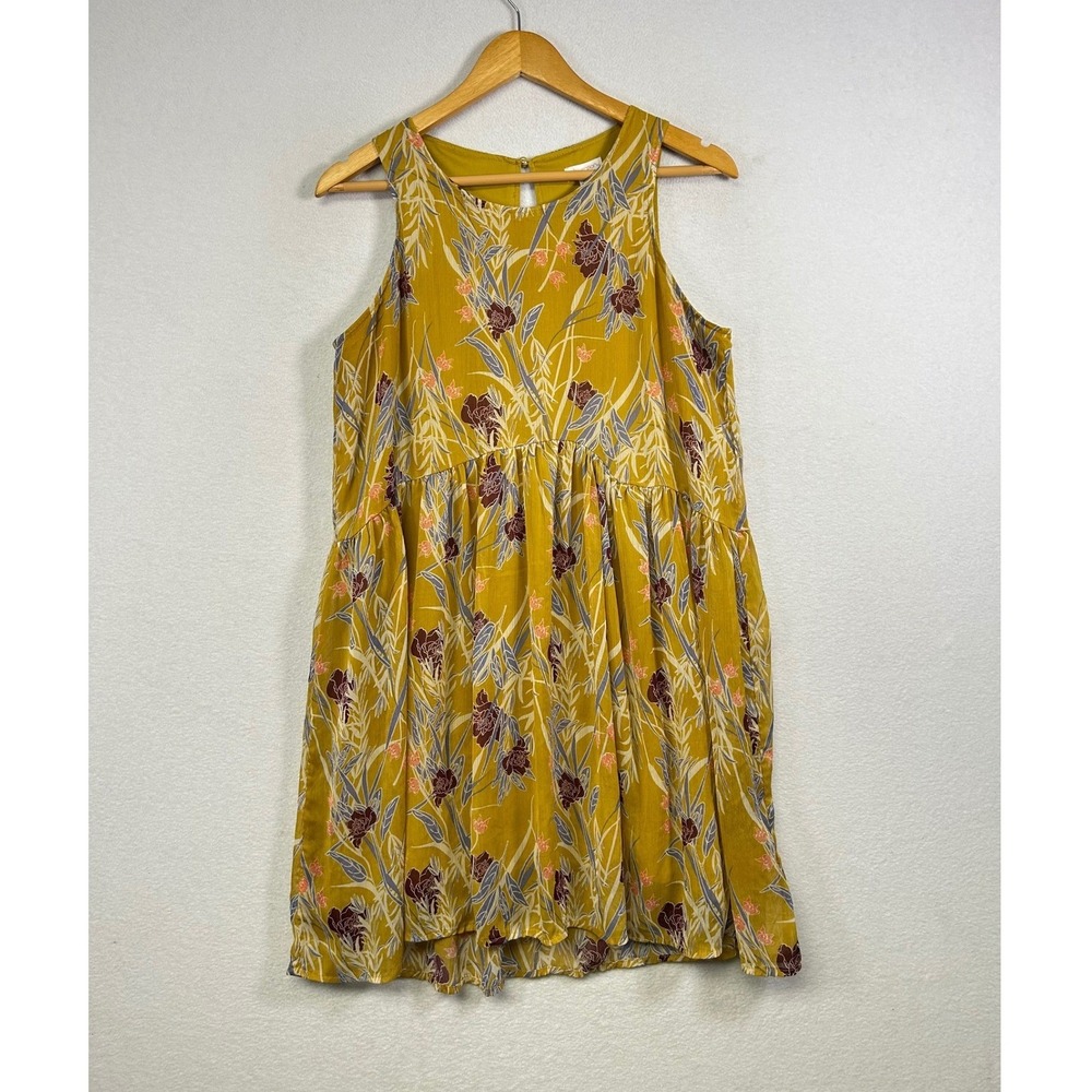 Boho Chic Floral Babydoll Dress‎ Womens Large Yellow Sleeveless Chiffon Mini